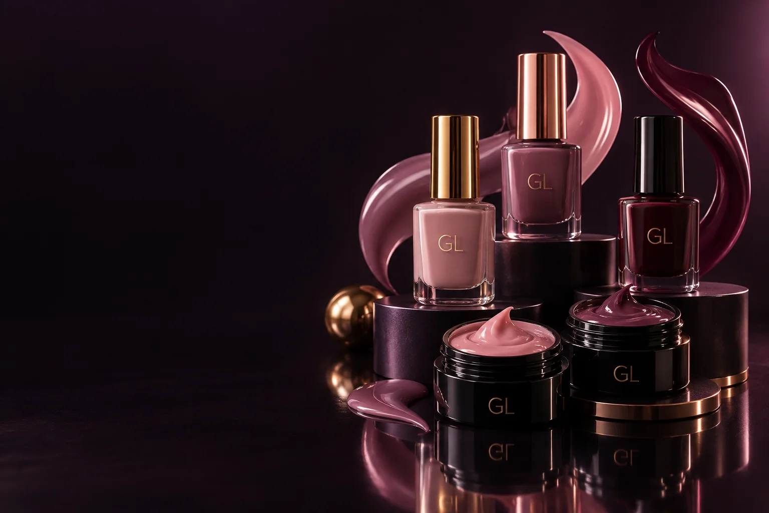 Nail polish and builder gels in gold, rose and burgundy tones